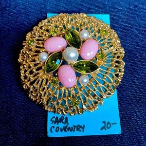 Sara Coventry gold pin with green, pink and pearl. 2.5 inches